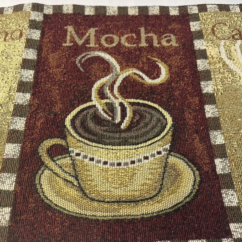 Coffee Tapestry Table‎ Runner Cafe Mocha Cup Cappuccino Cup Tan & Burgundy 52x12